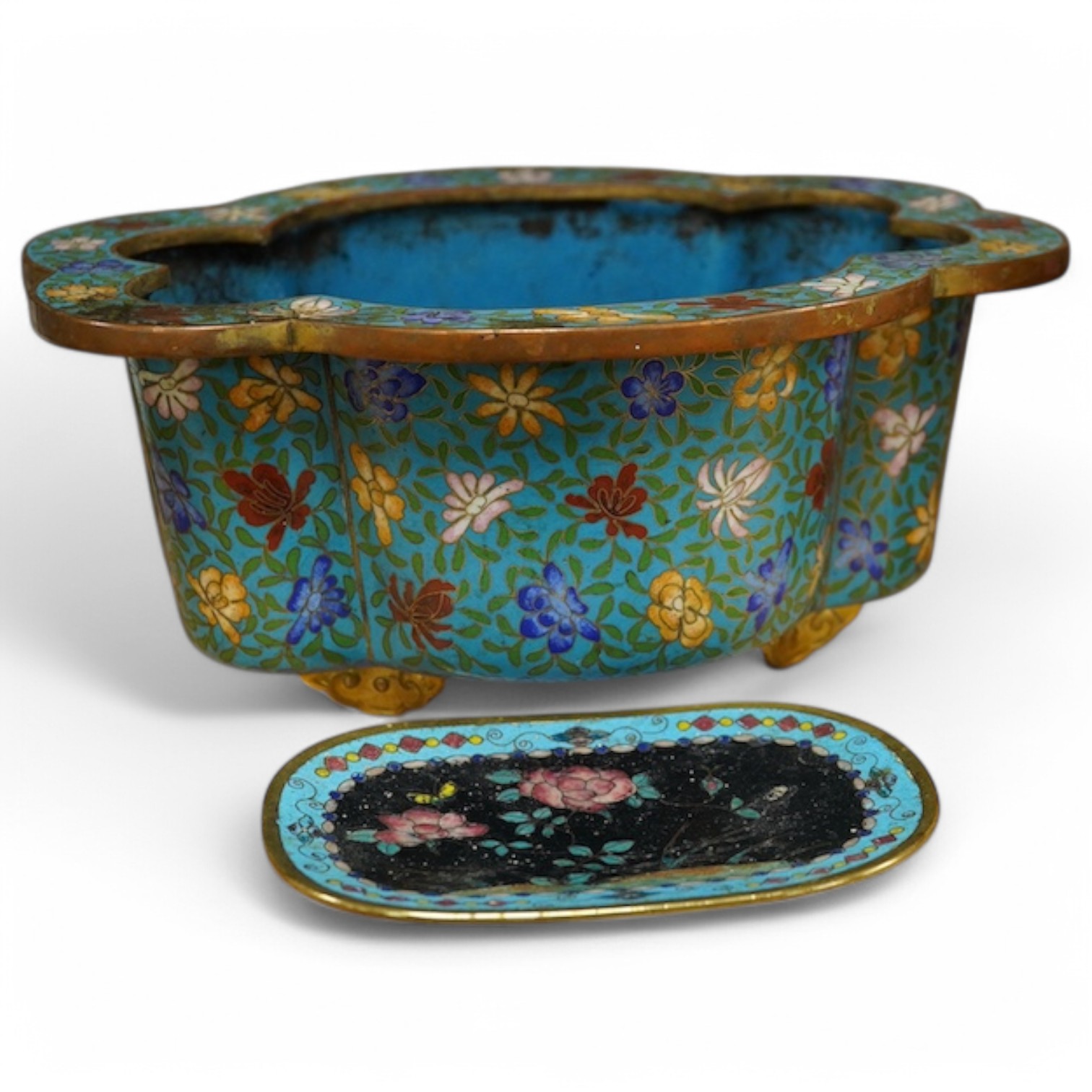 A late 19th century Chinese floral decorated cloisonné enamel quatrefoil shaped bowl on four feet and a similar pin dish, Bowl 24cm wide. Condition - interior marked